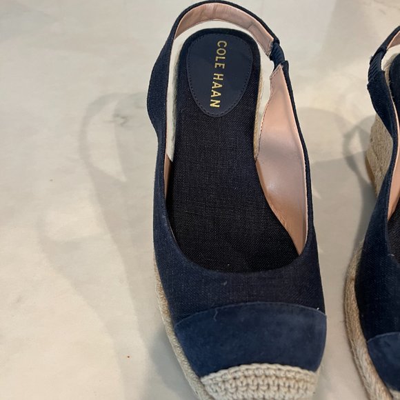 Cole Haan Cloudfeel Espadrille Wedge Slingback Canvas Suede Navy 5 Medium - Picture 2 of 5
